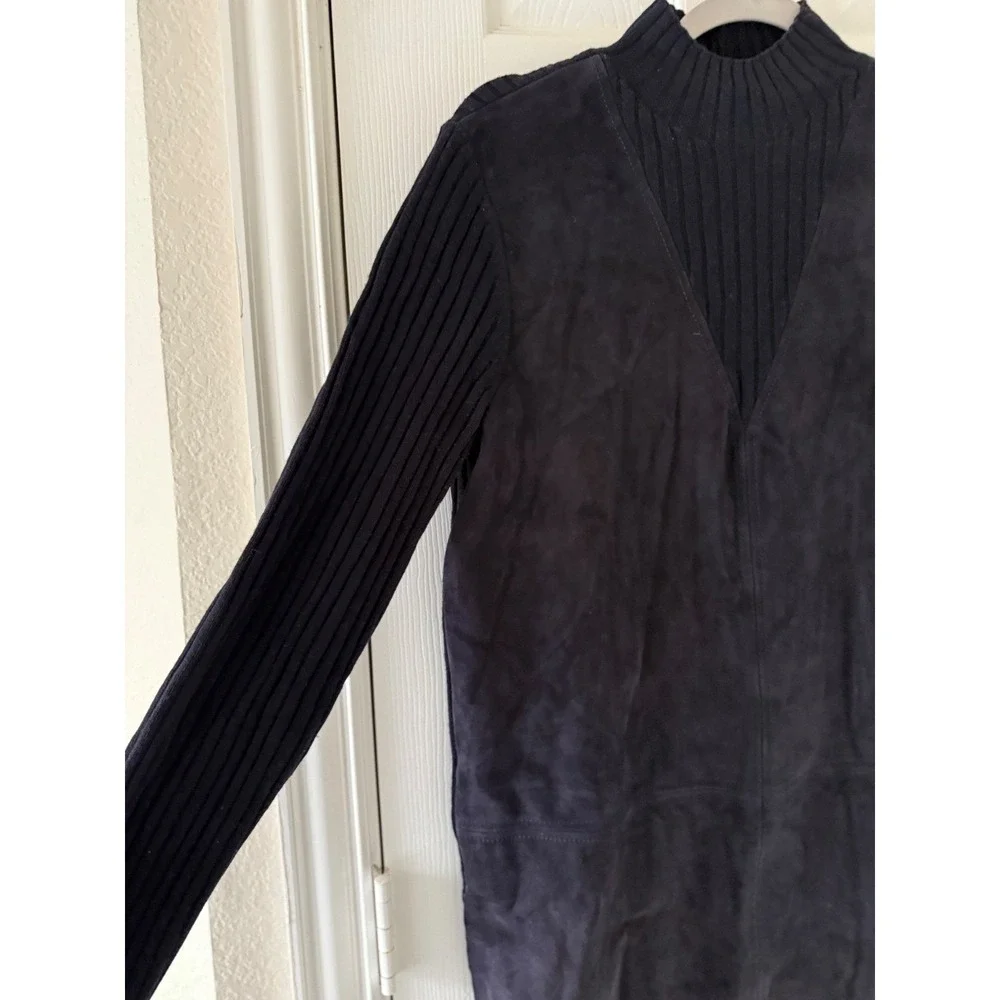 Tory Burch Molly Leather Front Merino Wool Mock Neck Sweater Navy Women's Medium